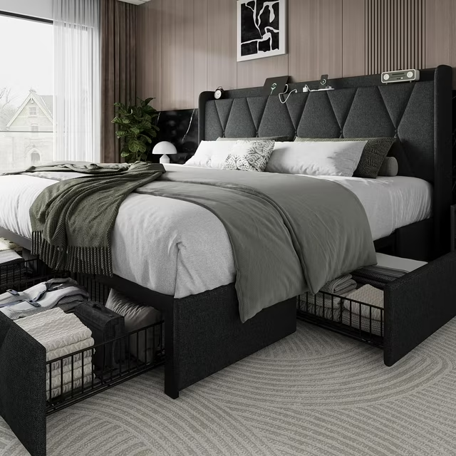 iPormis Bed Frame with Charging Station , Upholstered Bed with 4 Storage Drawers