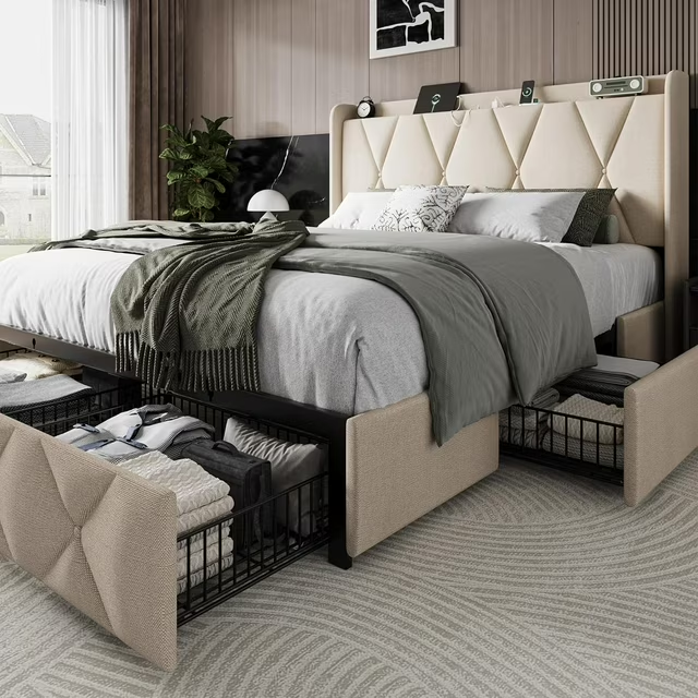 iPormis Bed Frame with Charging Station , Upholstered Bed with 4 Storage Drawers