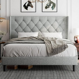 iPormis Bed Frame with Diamond Button Tufted Wingback Headboard, Upholstered Platform Bed Frame