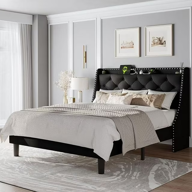 iPormis Full Bed Frame with Upholstered Wingback Button Tufted Storage Headboard