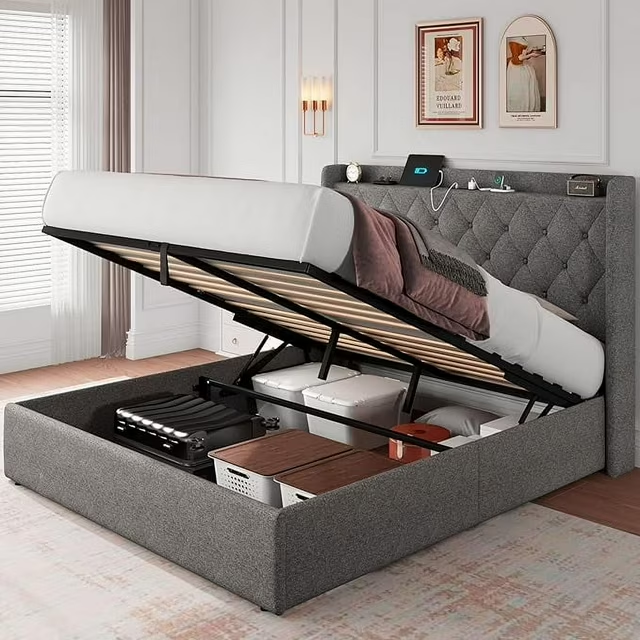 iPormis Queen Size Bed Frame with Lift up Storage & Charging Station, Button Tufted Wingback Upholstered Headboard