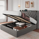 iPormis Queen Size Bed Frame with Lift up Storage & Charging Station, Button Tufted Wingback Upholstered Headboard