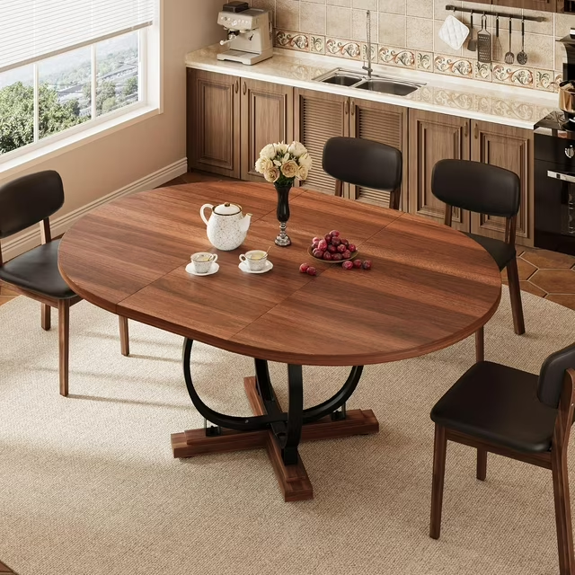iPormis 59'' Extendable Round Dining Table for 4 to 8, Kitchen Table with Sturdy X-Base Metal Legs