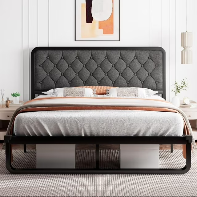iPormis Queen Size Metal Bed Frame with Linen Upholstered Headboard, 12'' Underbed Space