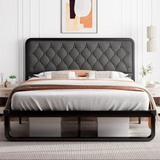 iPormis Queen Size Metal Bed Frame with Linen Upholstered Headboard, 12'' Underbed Space
