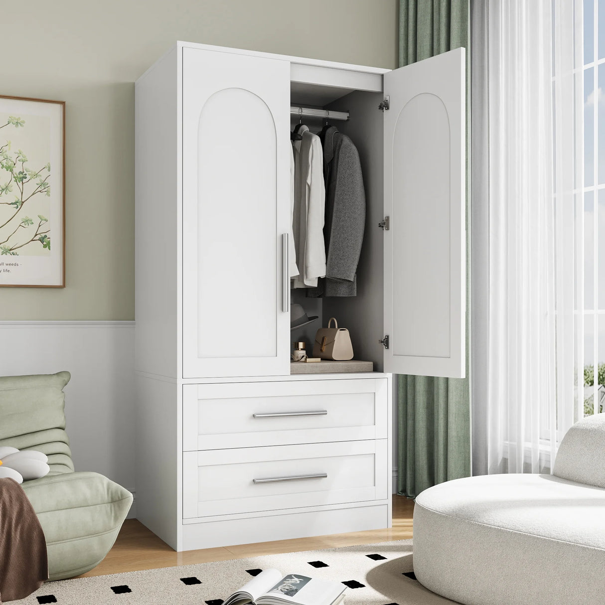 iPormis Wooden Armoire Wardrobe Closet with 2 Drawers, Clothing Storage Cabinet