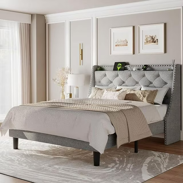 iPormis Full Bed Frame with Upholstered Wingback Button Tufted Storage Headboard