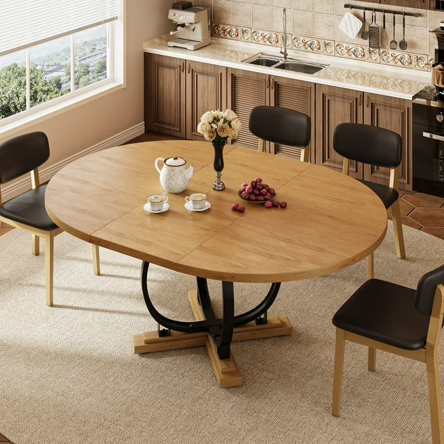 iPormis 59'' Extendable Round Dining Table for 4 to 8, Kitchen Table with Sturdy X-Base Metal Legs