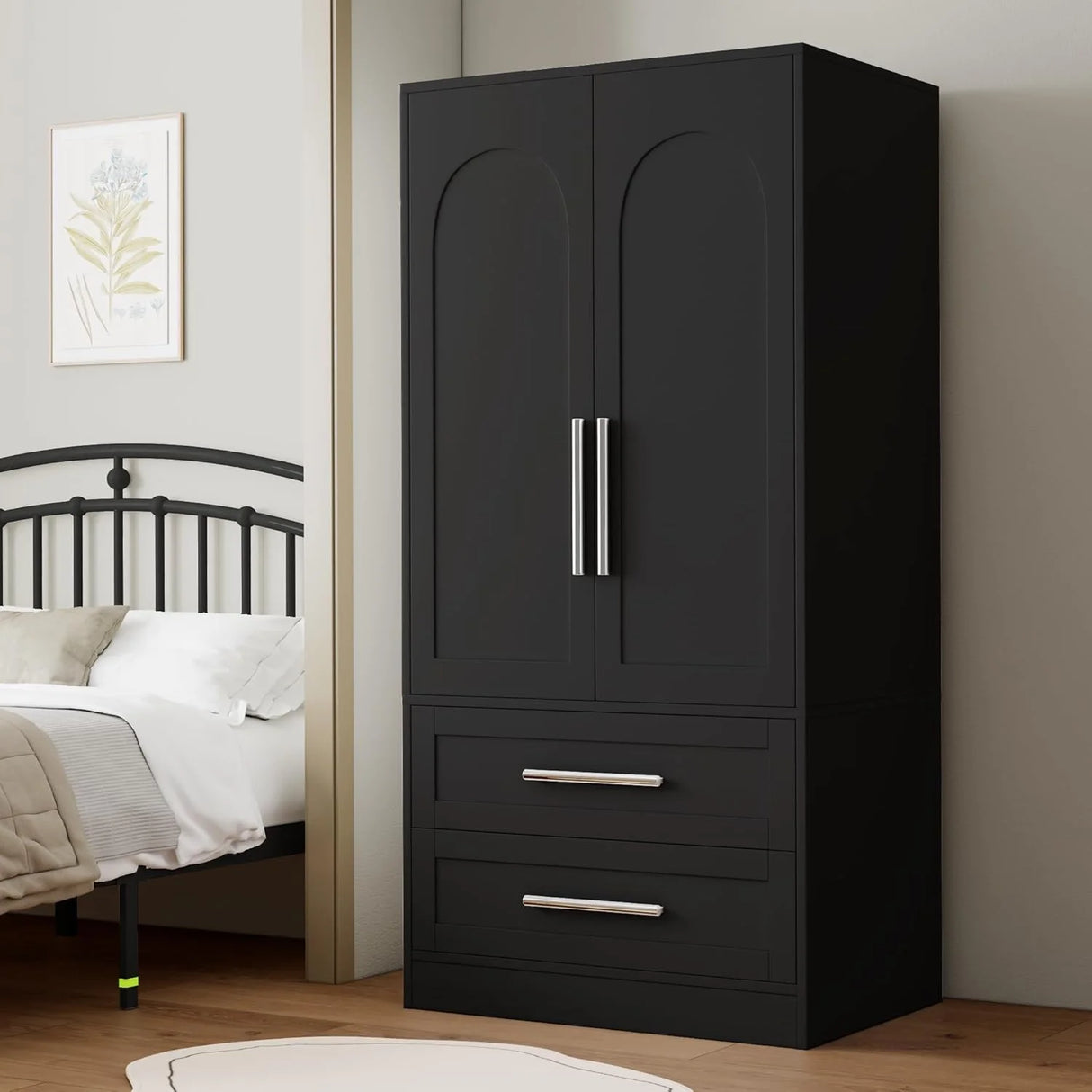 iPormis Wooden Armoire Wardrobe Closet with 2 Drawers, Clothing Storage Cabinet