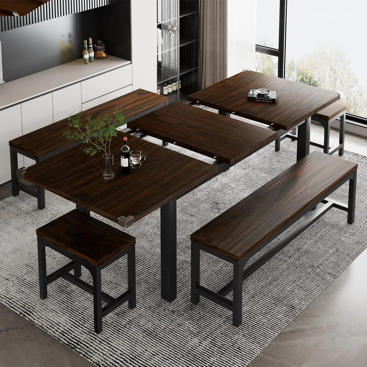 iPormis 5-Piece Dining Table Set for 4-8 People, Extendable Kitchen Table Set with 2 Benches and 2 Square Stools