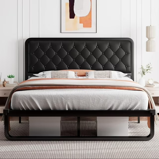 iPormis Queen Size Metal Bed Frame with Linen Upholstered Headboard, 12'' Underbed Space