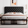 iPormis Queen Size Metal Bed Frame with Linen Upholstered Headboard, 12'' Underbed Space