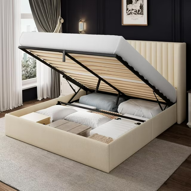 iPormis Full Size Bed Frame with Lift up Storage & Wingback Headboard