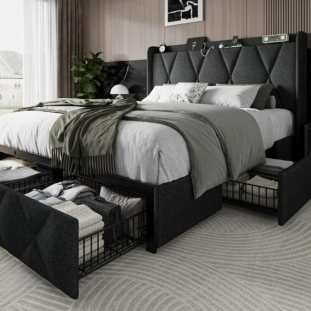 iPormis Bed Frame with Charging Station , Upholstered Bed with 4 Storage Drawers