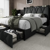 iPormis Bed Frame with Charging Station , Upholstered Bed with 4 Storage Drawers