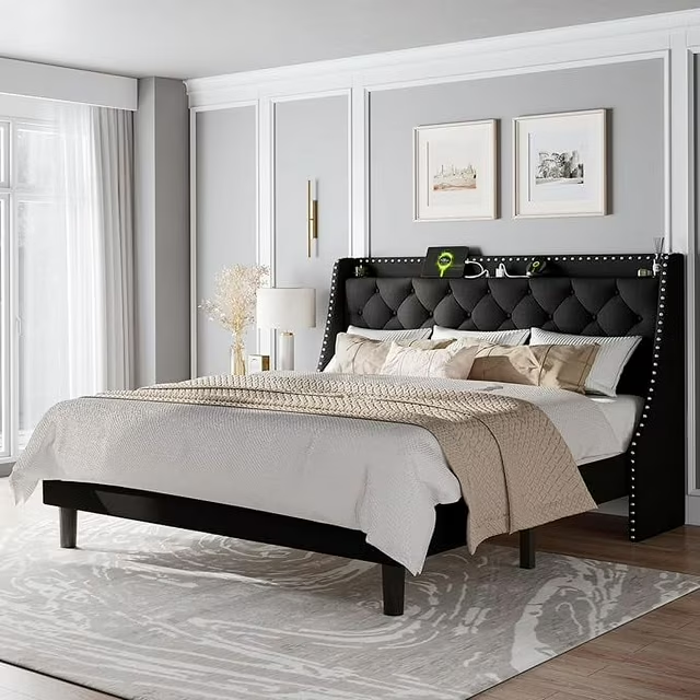 iPormis Full Bed Frame with Upholstered Wingback Button Tufted Storage Headboard