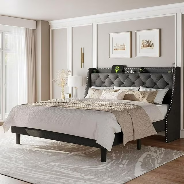 iPormis Full Bed Frame with Upholstered Wingback Button Tufted Storage Headboard