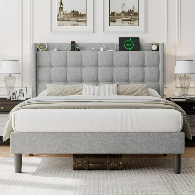 ipormis Full Size Bed Frame with Charging Station，Upholstered Platform Bed Frame with Wingback Storage Headboard