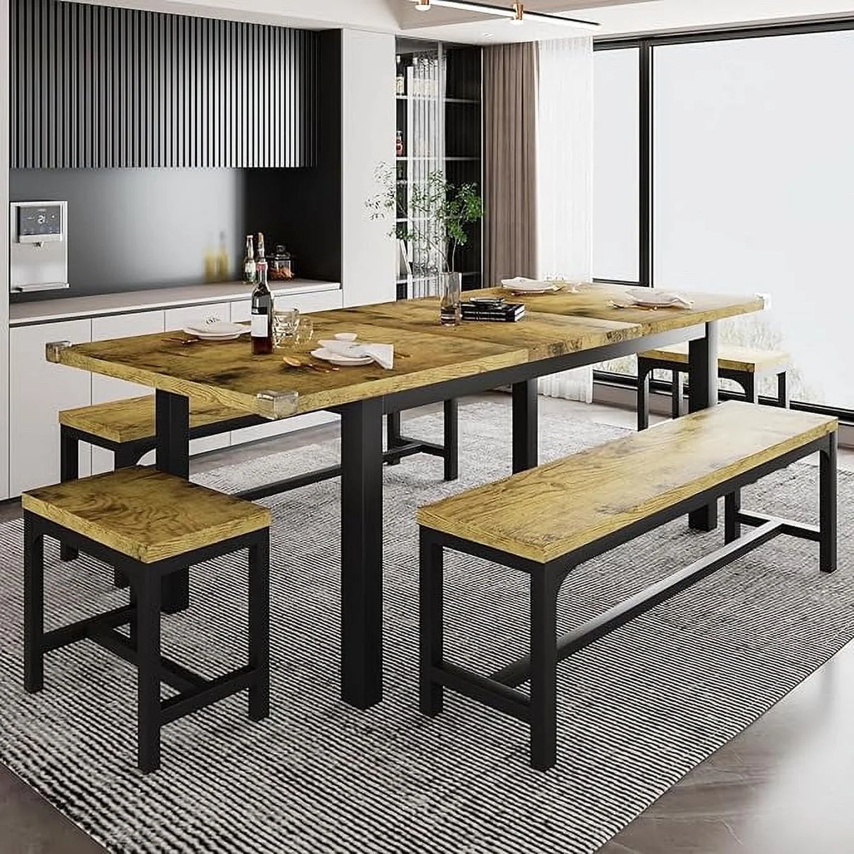iPormis 5-Piece Dining Table Set for 4-8 People, Extendable Kitchen Table Set with 2 Benches and 2 Square Stools
