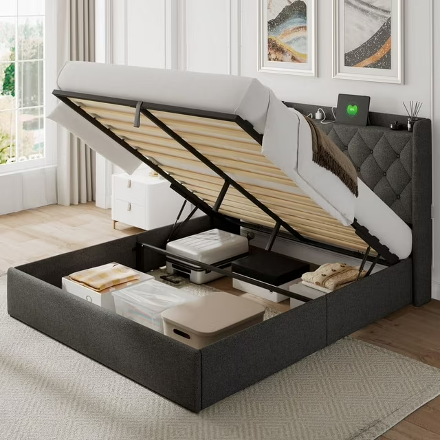 iPormis Queen Size Bed Frame with Lift up Storage & Charging Station, Button Tufted Wingback Upholstered Headboard