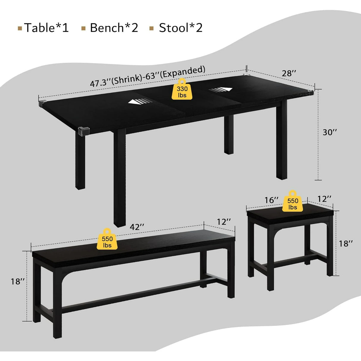 iPormis 5-Piece Dining Table Set for 4-8 People, Extendable Kitchen Table Set with 2 Benches and 2 Square Stools