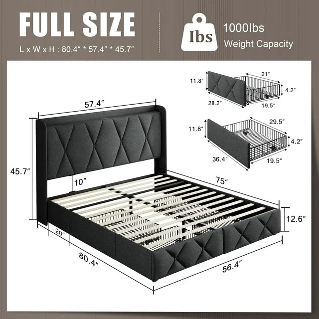 iPormis Bed Frame with Charging Station , Upholstered Bed with 4 Storage Drawers