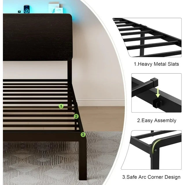 iPormis Bed Frame with Ergonomic Storage Headboard & Charging Station
