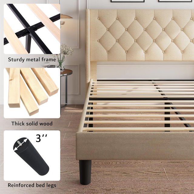 iPormis Bed Frame with Diamond Button Tufted Wingback Headboard, Upholstered Platform Bed Frame