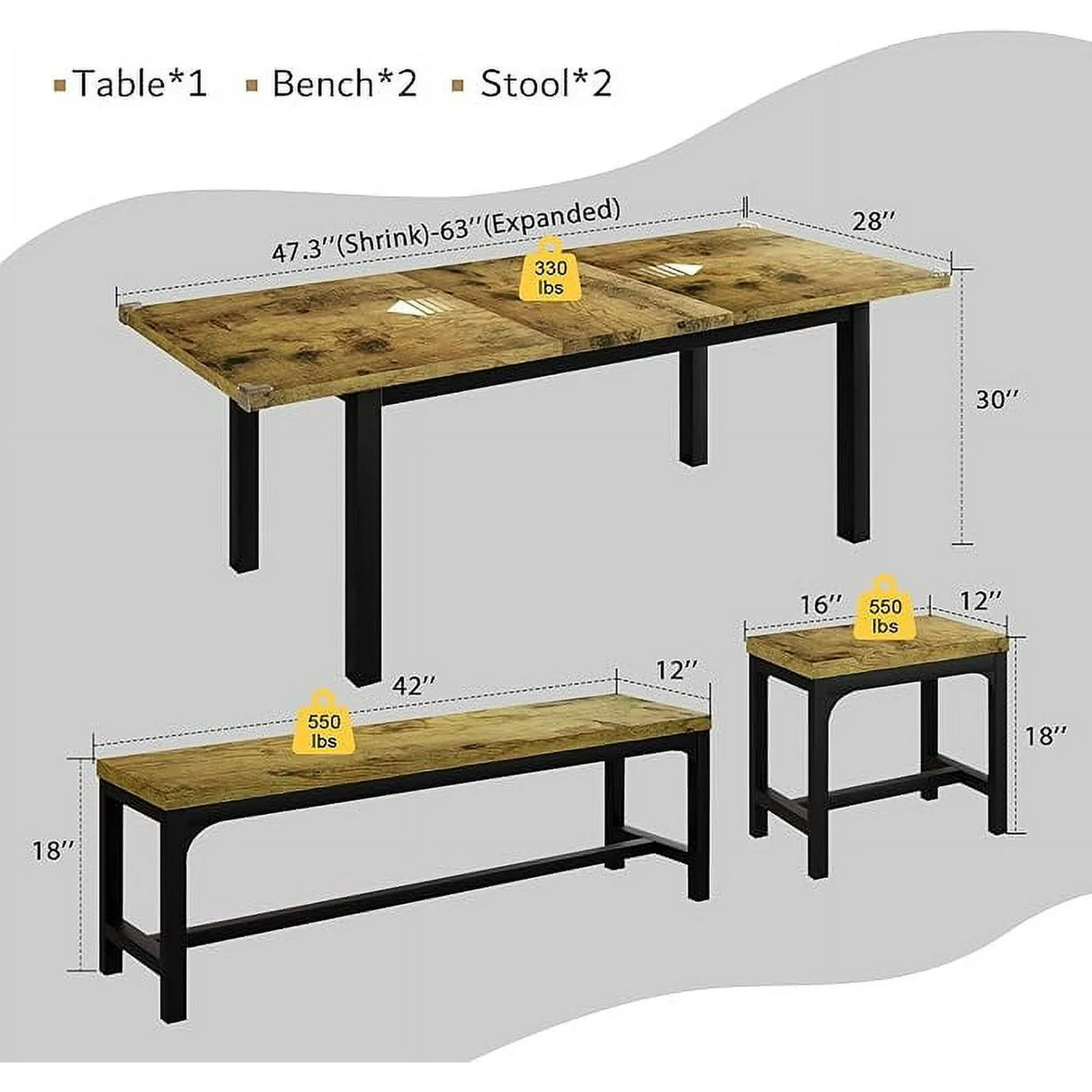 iPormis 5-Piece Dining Table Set for 4-8 People, Extendable Kitchen Table Set with 2 Benches and 2 Square Stools