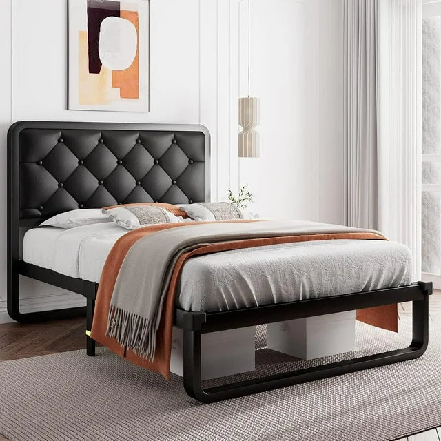 iPormis Queen Size Metal Bed Frame with Linen Upholstered Headboard, 12'' Underbed Space