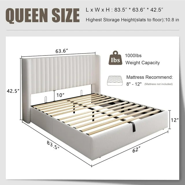 iPormis Full Size Bed Frame with Lift up Storage & Wingback Headboard