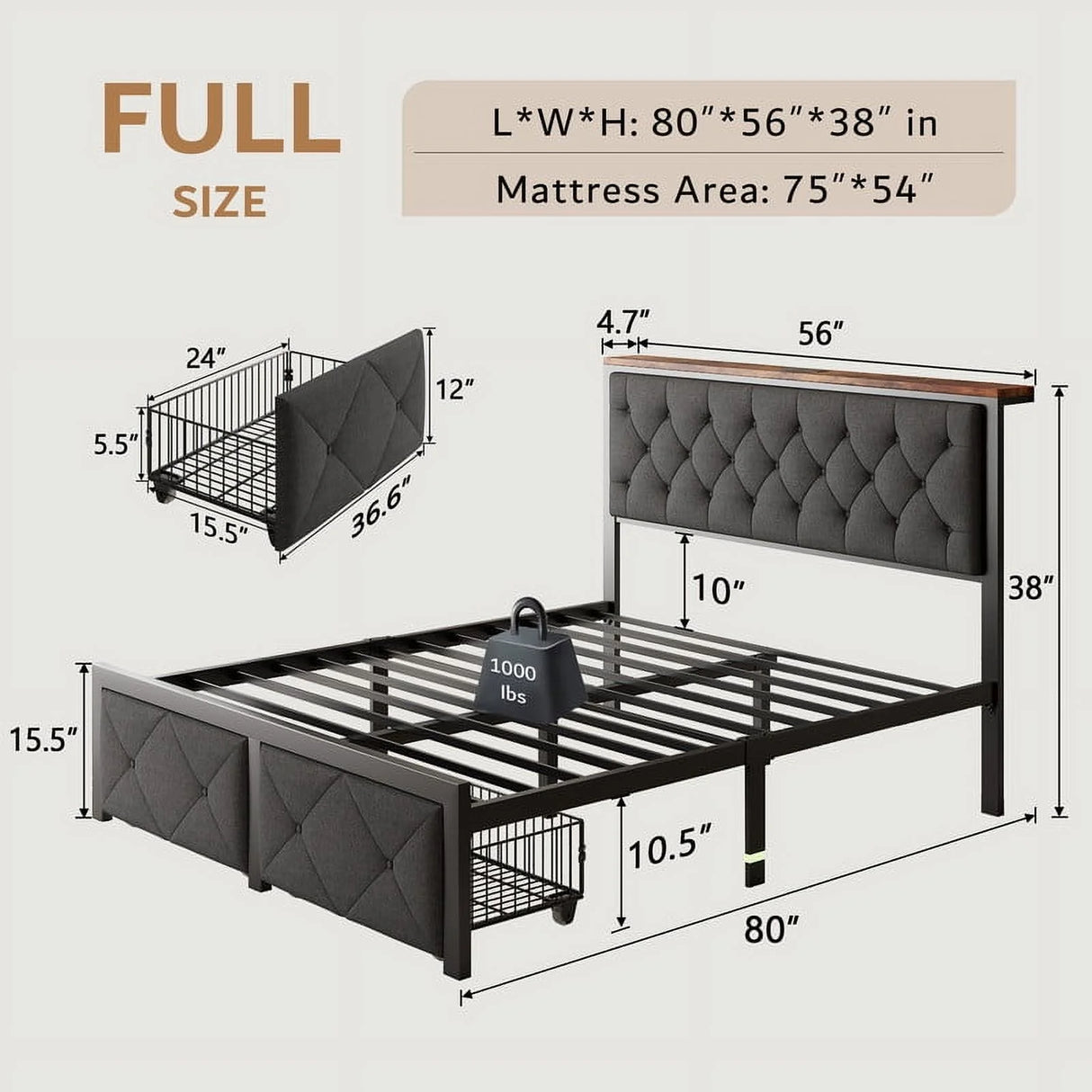 iPormis Bed Frame with Storage Drawers