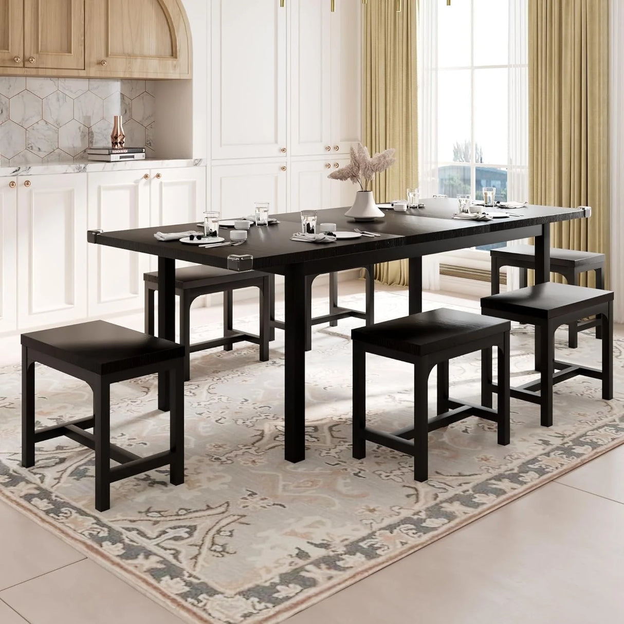 iPormis 7-Piece 63" Extendable Dining Table Set for 4-8 People, Mid-Century