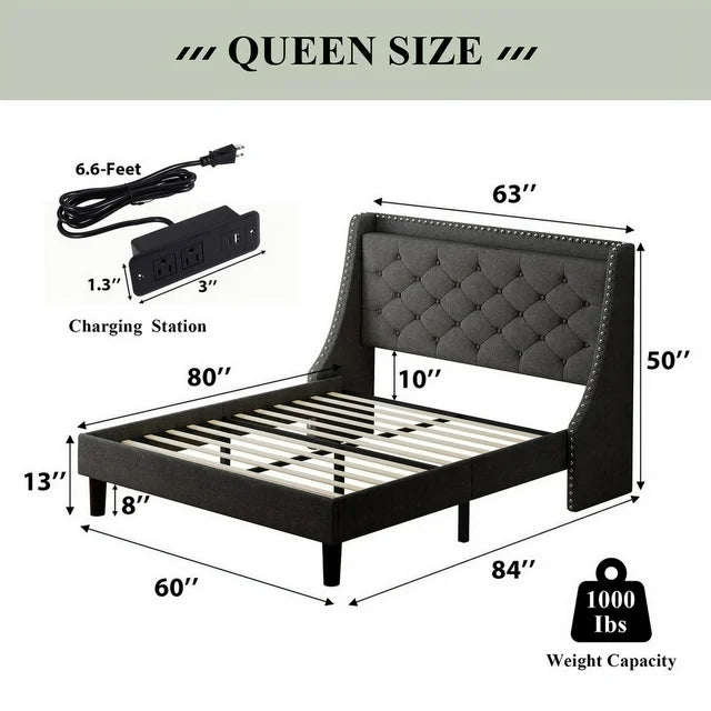 iPormis Full Bed Frame with Upholstered Wingback Button Tufted Storage Headboard