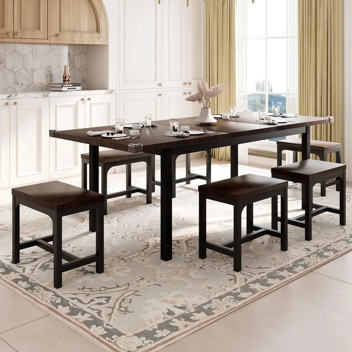 iPormis 7-Piece 63" Extendable Dining Table Set for 4-8 People, Mid-Century