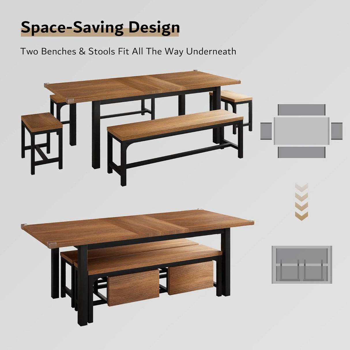 iPormis 5-Piece Dining Table Set for 4-8 People, Extendable Kitchen Table Set with 2 Benches and 2 Square Stools
