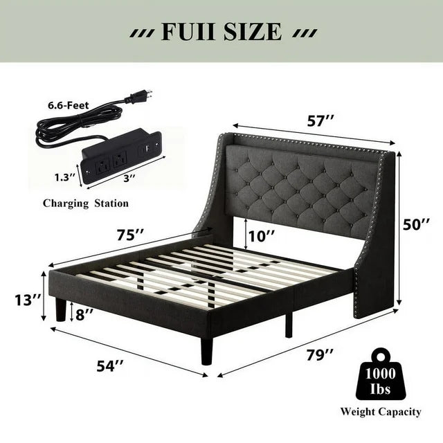 iPormis Full Bed Frame with Upholstered Wingback Button Tufted Storage Headboard