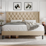 iPormis Bed Frame with Diamond Button Tufted Wingback Headboard, Upholstered Platform Bed Frame