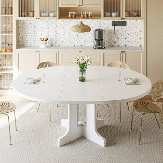iPormis 59" Extendable Round Dining Table for 6 Modern Kitchen Table with Sturdy Wooden Base, Dining Room Table with Thickened MDF Board