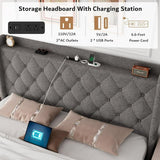iPormis Queen Size Bed Frame with Lift up Storage & Charging Station, Button Tufted Wingback Upholstered Headboard