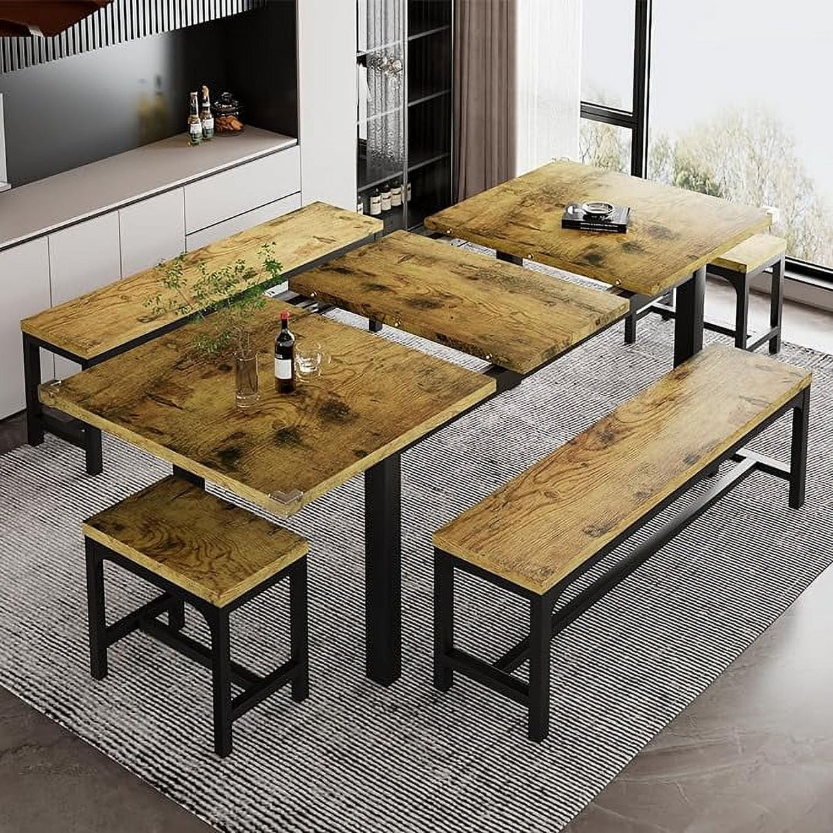 iPormis 5-Piece Dining Table Set for 4-8 People, Extendable Kitchen Table Set with 2 Benches and 2 Square Stools