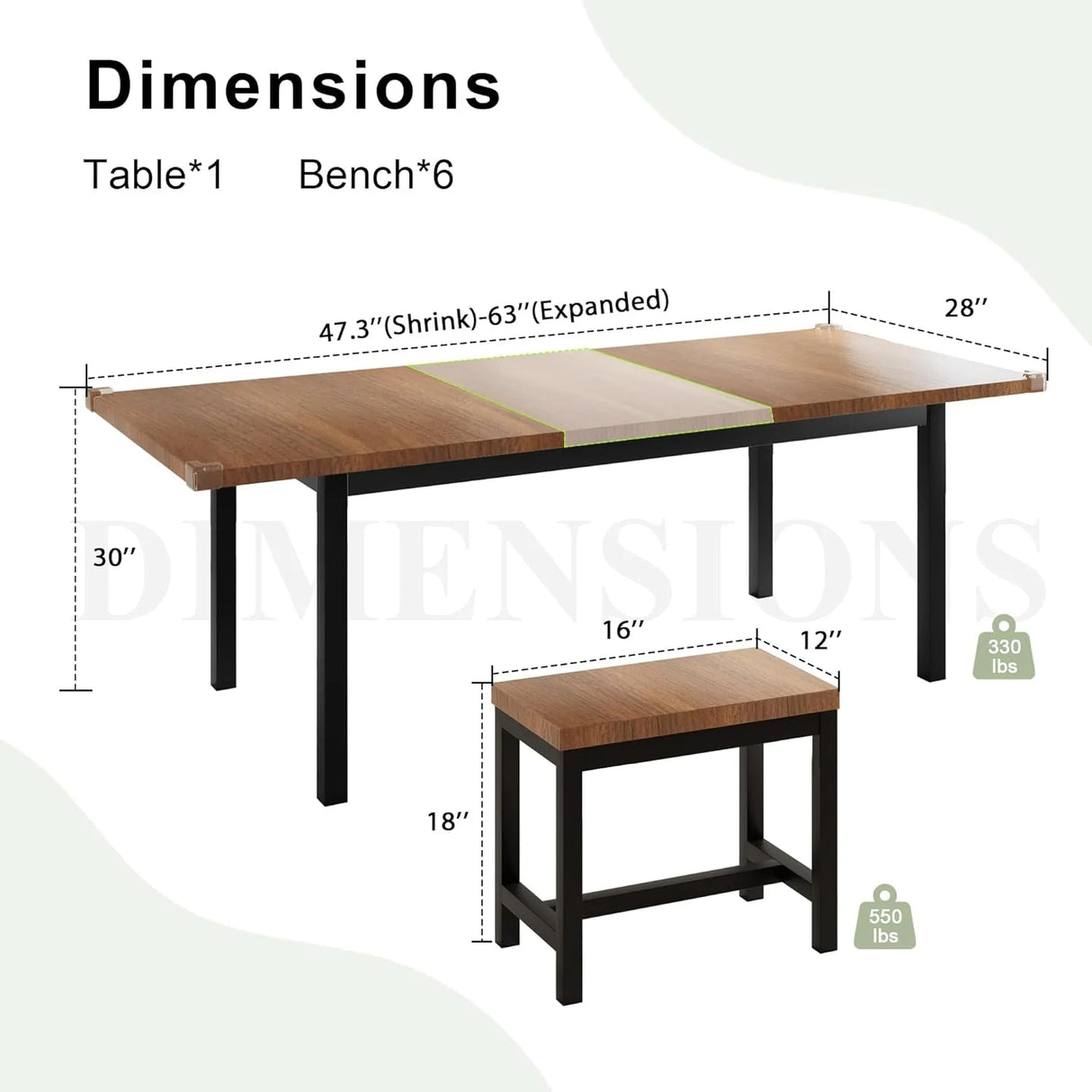 iPormis 7-Piece 63" Extendable Dining Table Set for 4-8 People, Mid-Century