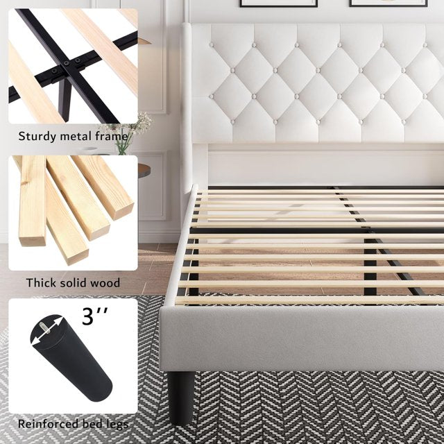 iPormis Bed Frame with Diamond Button Tufted Wingback Headboard, Upholstered Platform Bed Frame