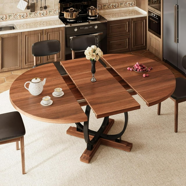 iPormis 59'' Extendable Round Dining Table for 4 to 8, Kitchen Table with Sturdy X-Base Metal Legs