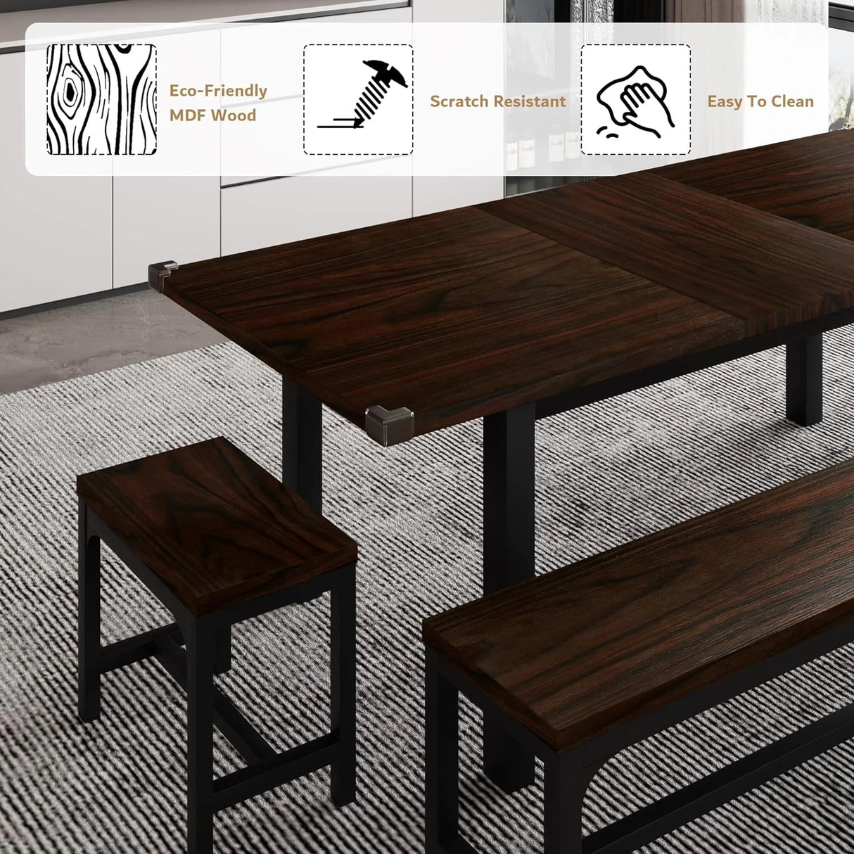 iPormis 5-Piece Dining Table Set for 4-8 People, Extendable Kitchen Table Set with 2 Benches and 2 Square Stools