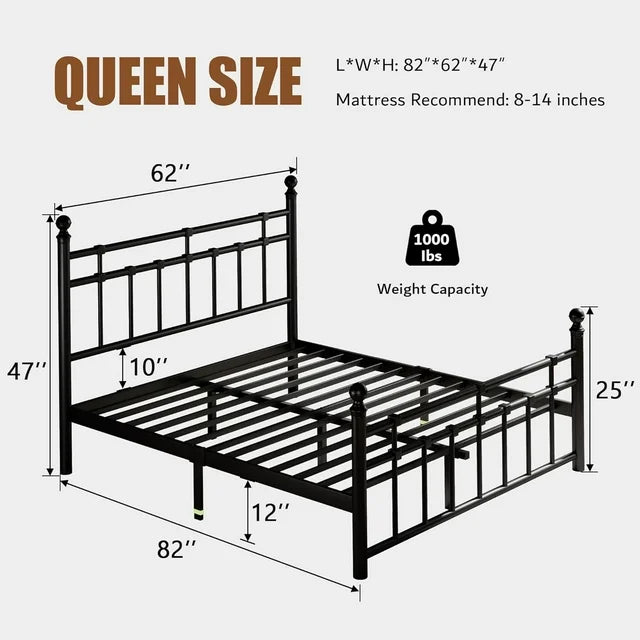 iPormis Queen Metal Bed Frame with Victorian Vintage Headboard and Footboard