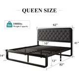 iPormis Queen Size Metal Bed Frame with Linen Upholstered Headboard, 12'' Underbed Space