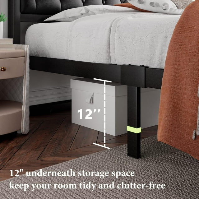 iPormis Queen Size Metal Bed Frame with Linen Upholstered Headboard, 12'' Underbed Space