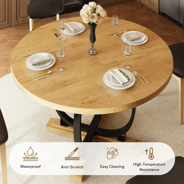 iPormis 59'' Extendable Round Dining Table for 4 to 8, Kitchen Table with Sturdy X-Base Metal Legs