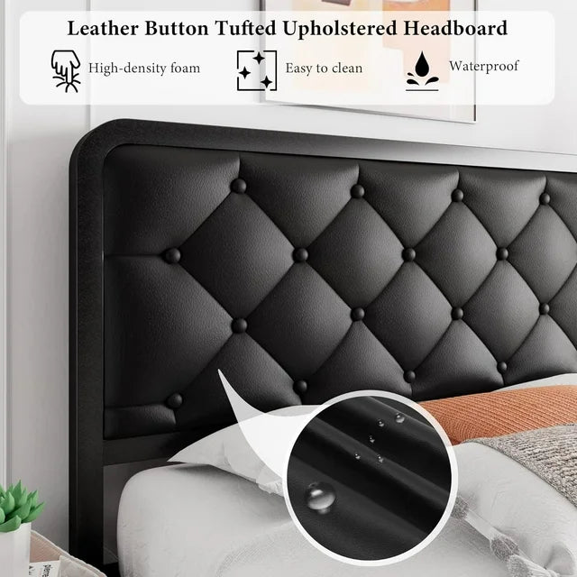iPormis Queen Size Metal Bed Frame with Linen Upholstered Headboard, 12'' Underbed Space